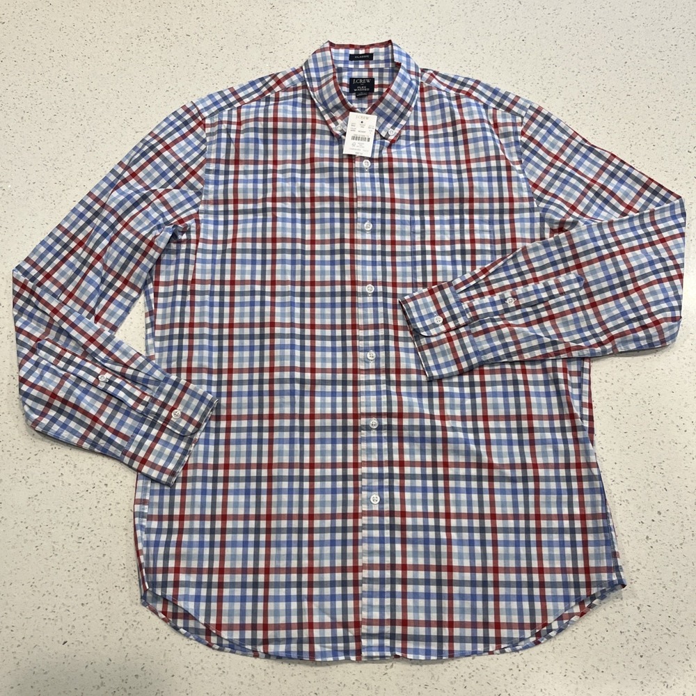 J. Crew flex washed long sleeve size large Red White Blue Gingham plaid NWT